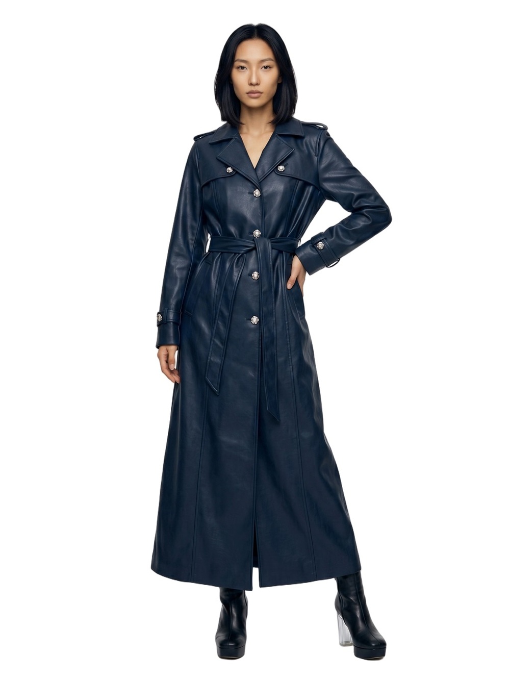 DENNIS BASSO Trench coat Black faux leather Full length Vintage SMALL a Classic - Picture 12 of 17